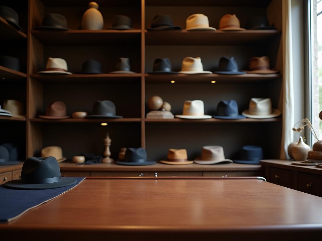 Interno dell'atelier con cappelli artigianali in esposizione